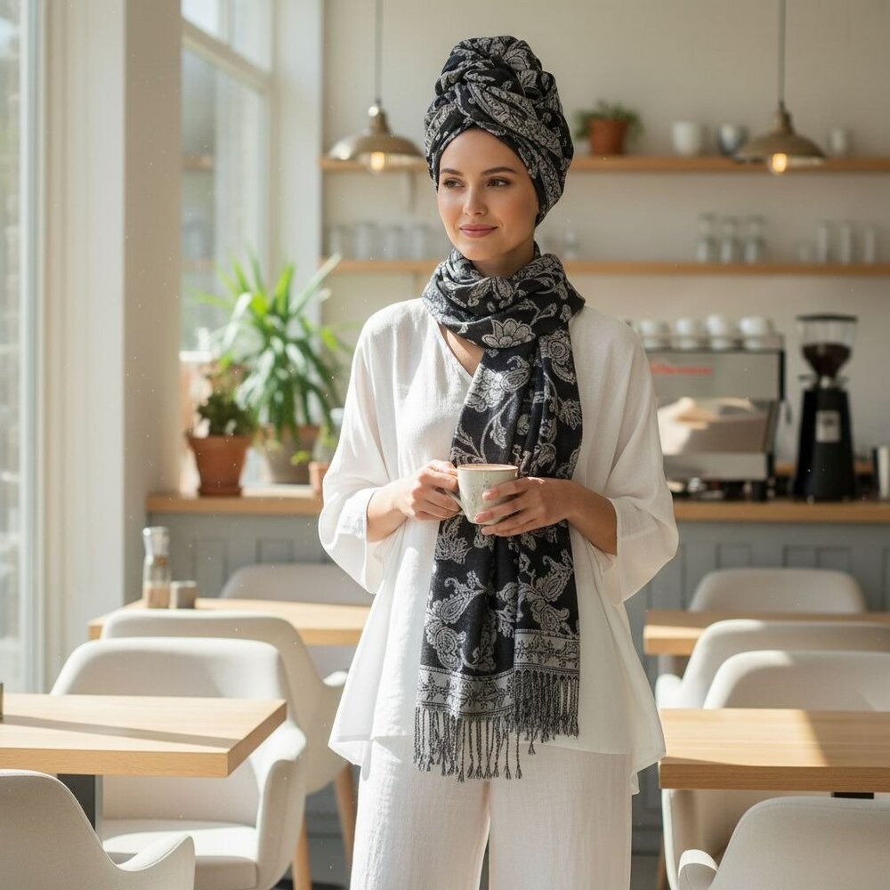Black White Paisley Jacquard Scarf Shawl Fringe Boho Wrap Women 72x28 - Picture 7 of 9